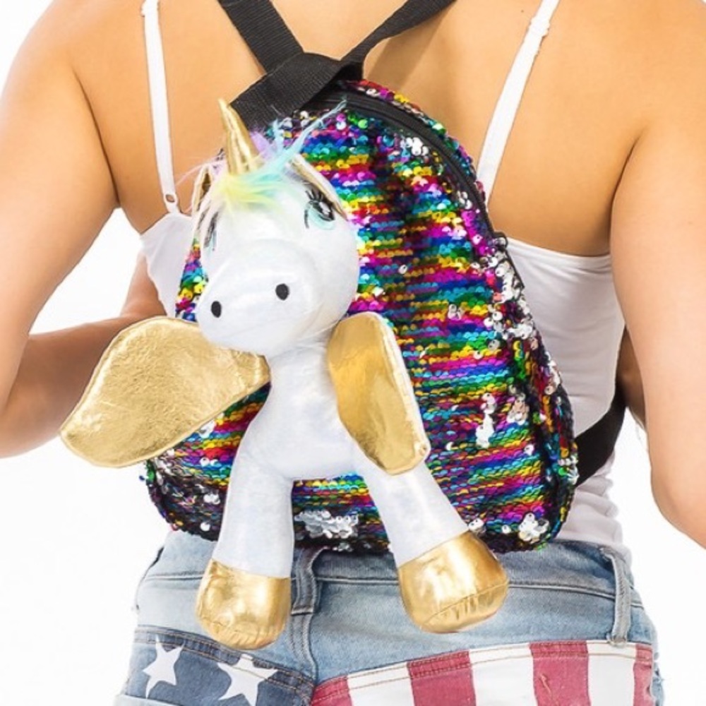 First Two Photos 3D Unicorn Metallic Sequin Fuzzy Furry Plush Backpack Bag - Picture 2 of 10